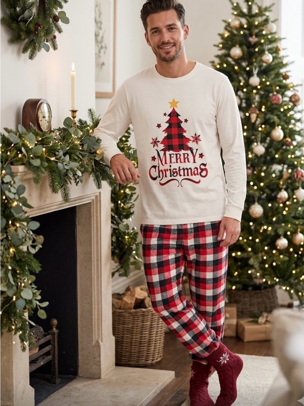 Men’s Merry Christmas Cream Plaid Holiday Pajama Set Size medium. Brand new